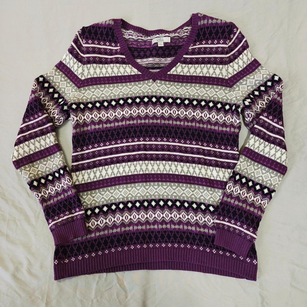 Croft & Barrow Women Purple Fair Isle V-Neck Sweater Large Geometric Knit Top